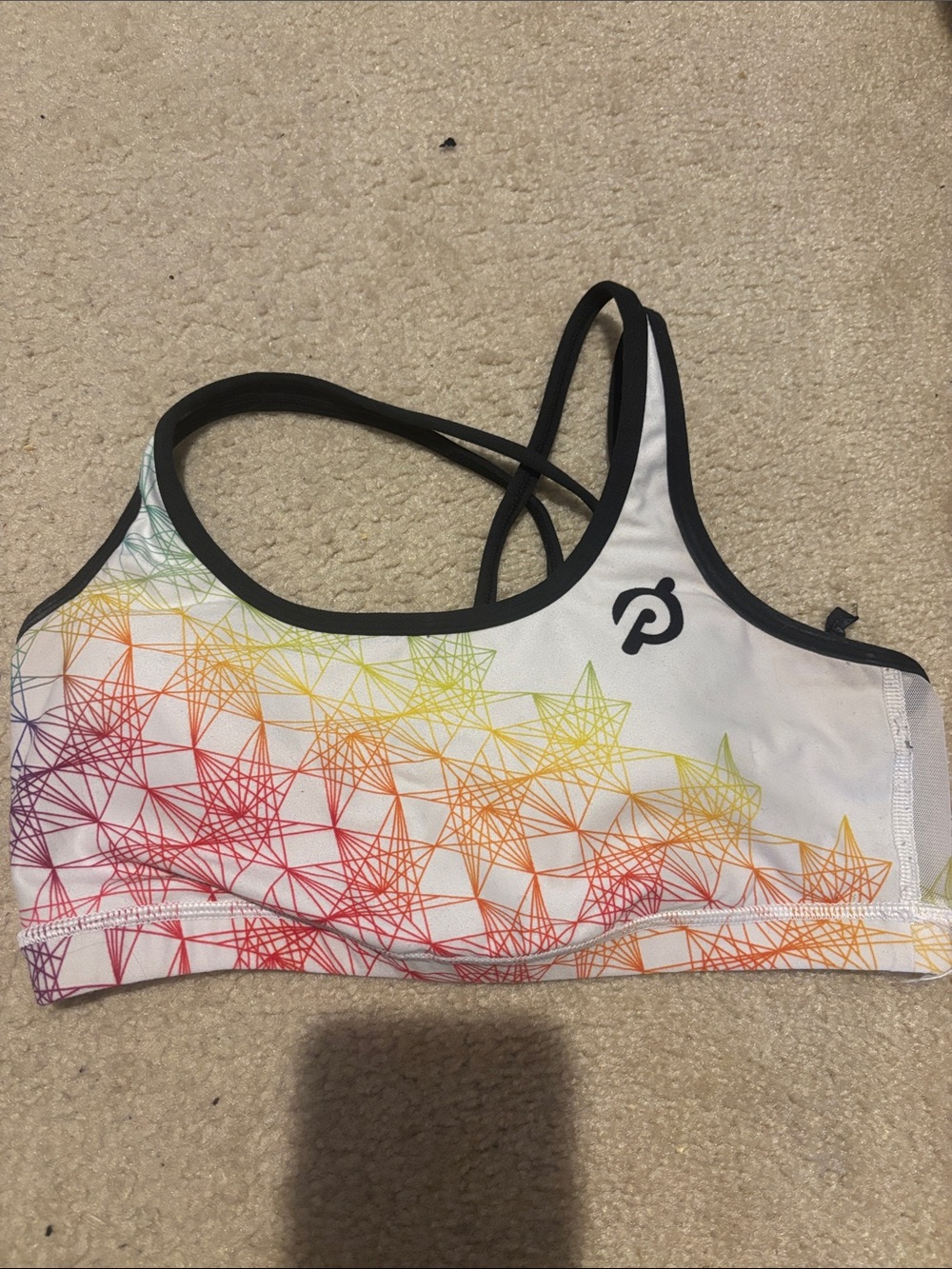 Peloton White Sports Bra with Rainbow Geometric Print - Medium